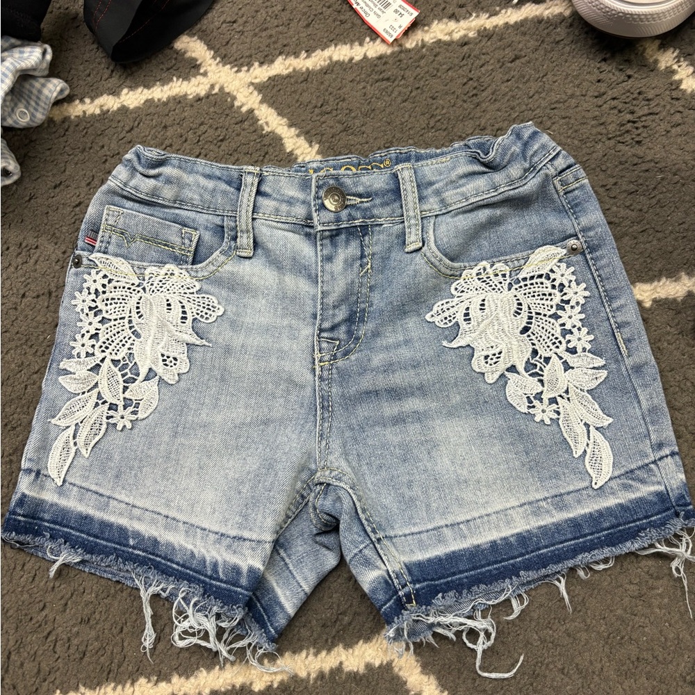 Vigoss Blue Jean Shorts with Distressed Lace Details